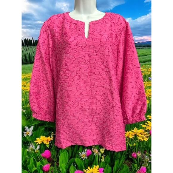 Ali Miles 1X Top Rich Pink Fancy Rayon Nylon Textured Woven 3/4 Sleeve Easy Care - Picture 2 of 5